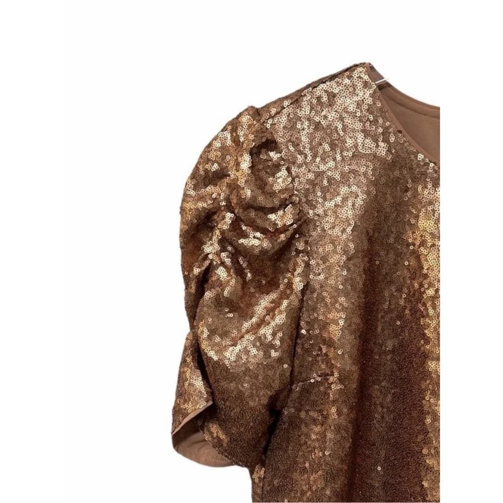 Abercrombie & Fitch Gold Sequin Ruched Puff Sleeve Top Size L NWT